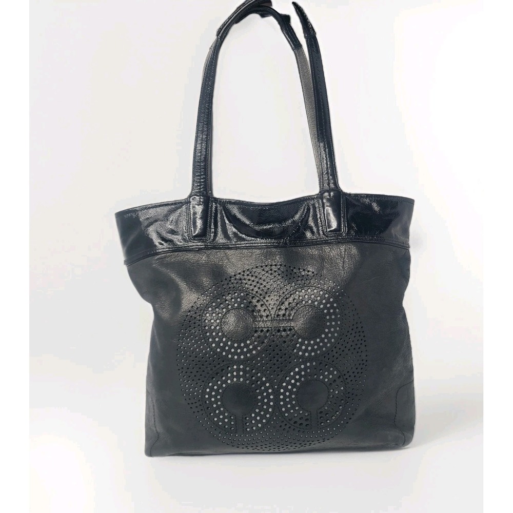 Coach Audrey Perforated Black Patent Leather Shoulder Tote Bag Purse C Logo